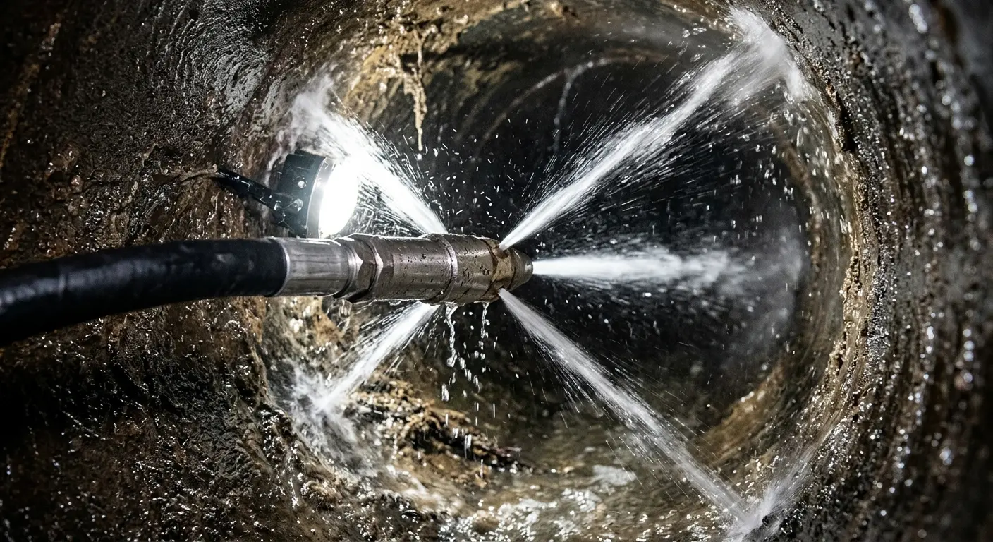 High-pressure hydro jetting nozzle cleaning sewer pipe for Sewer Line Relining in West Jordan