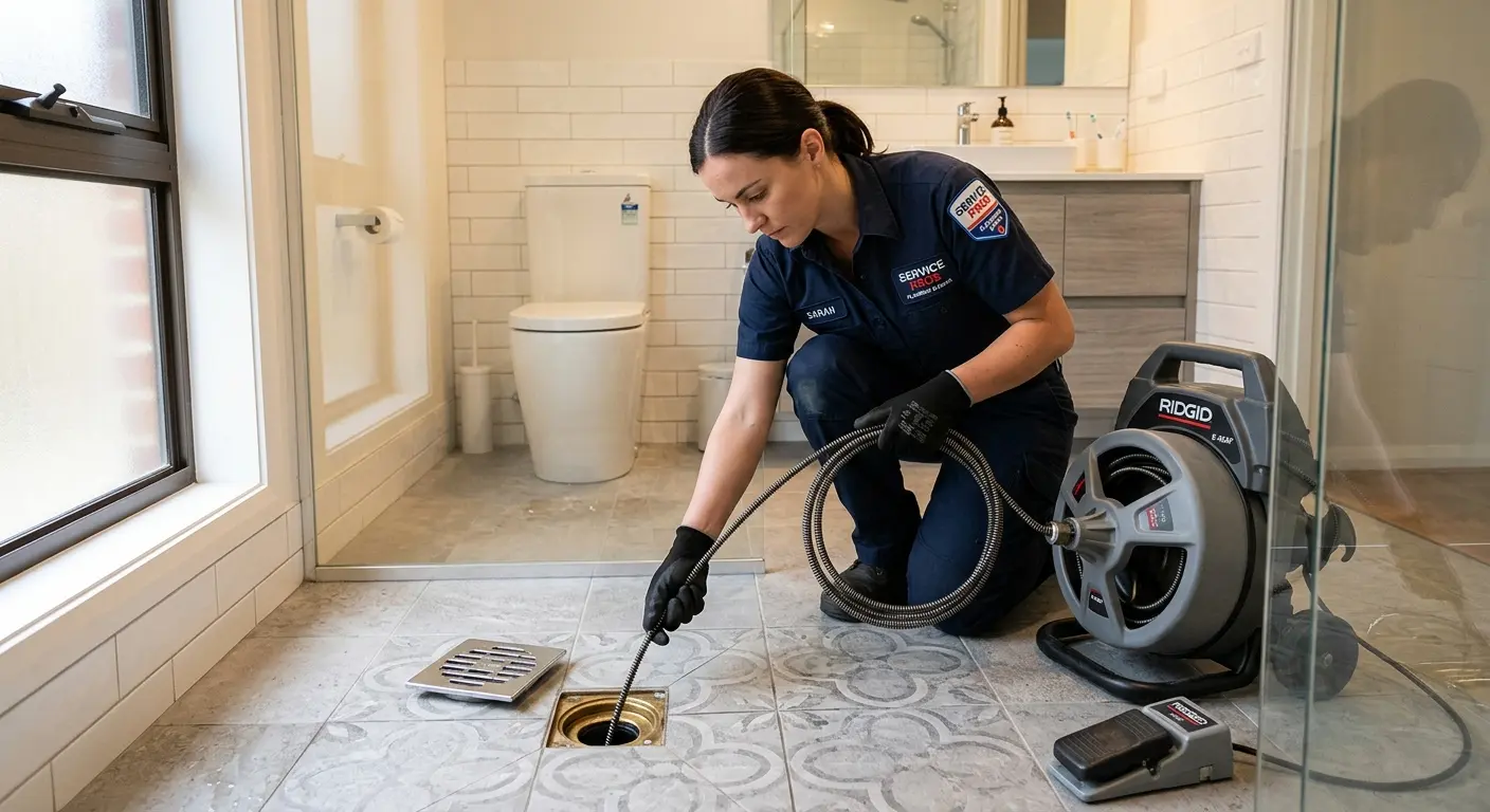 Technician clearing a bathroom floor drain for Hydro Jetting in West Jordan